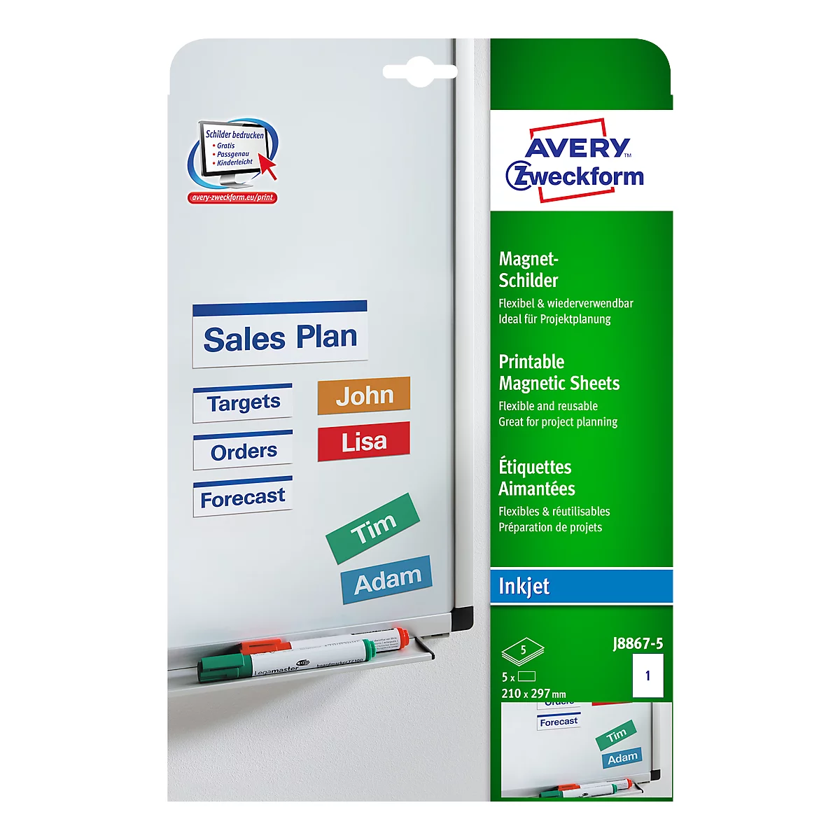 Présentation du produit : Panneaux magnétiques sur un tableau blanc. Des étiquettes comme "Sales Plan", "Targets", "John", "Lisa" sont visibles. Plus un emballage de produit en arrière-plan.