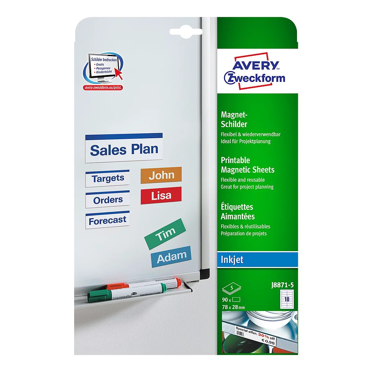 Tableau blanc avec des étiquettes nominatives colorées et un stylo. Le tableau indique "Sales Plan".