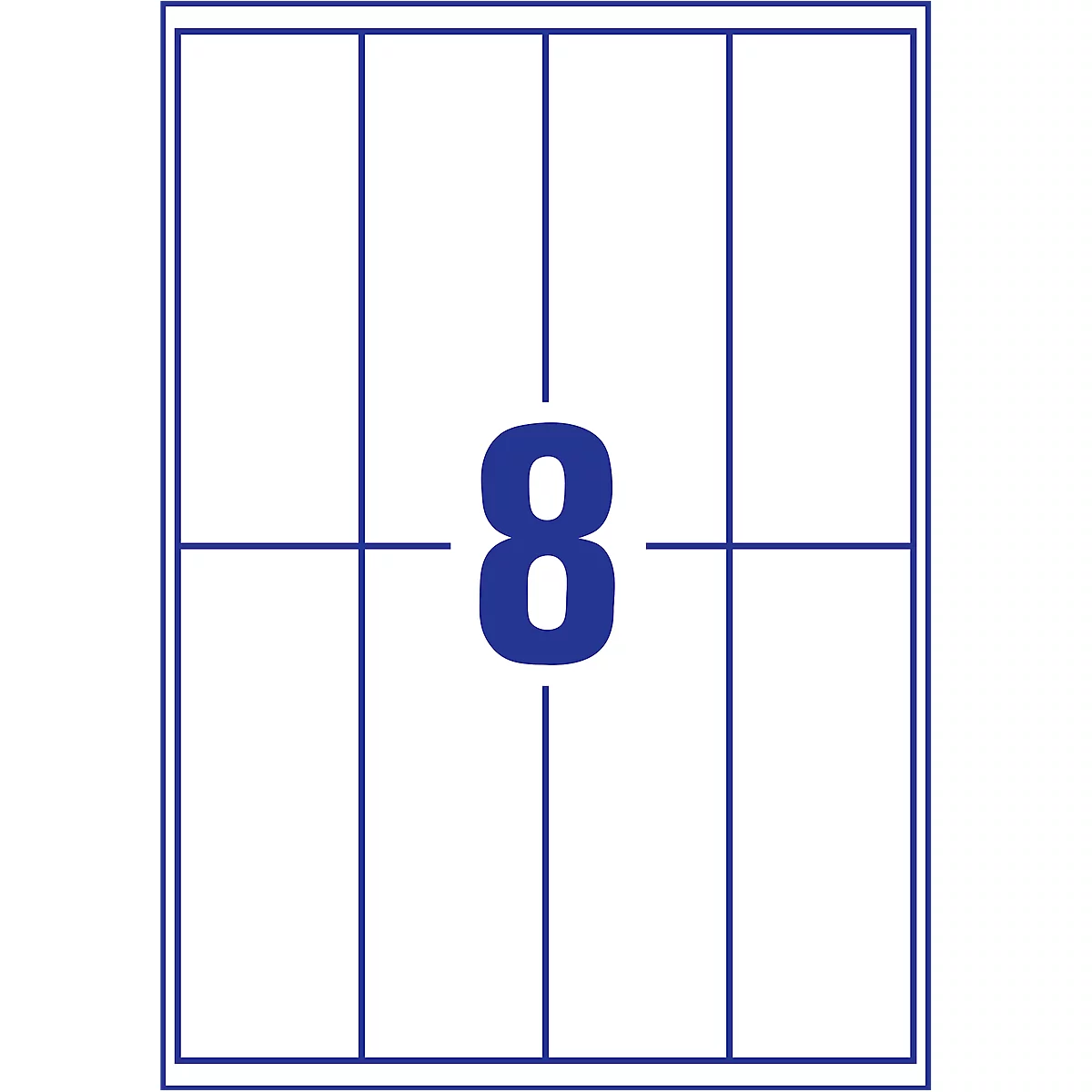 Étiquette blanche avec des lignes bleues divisées en huit sections. Un grand 8 bleu au centre.