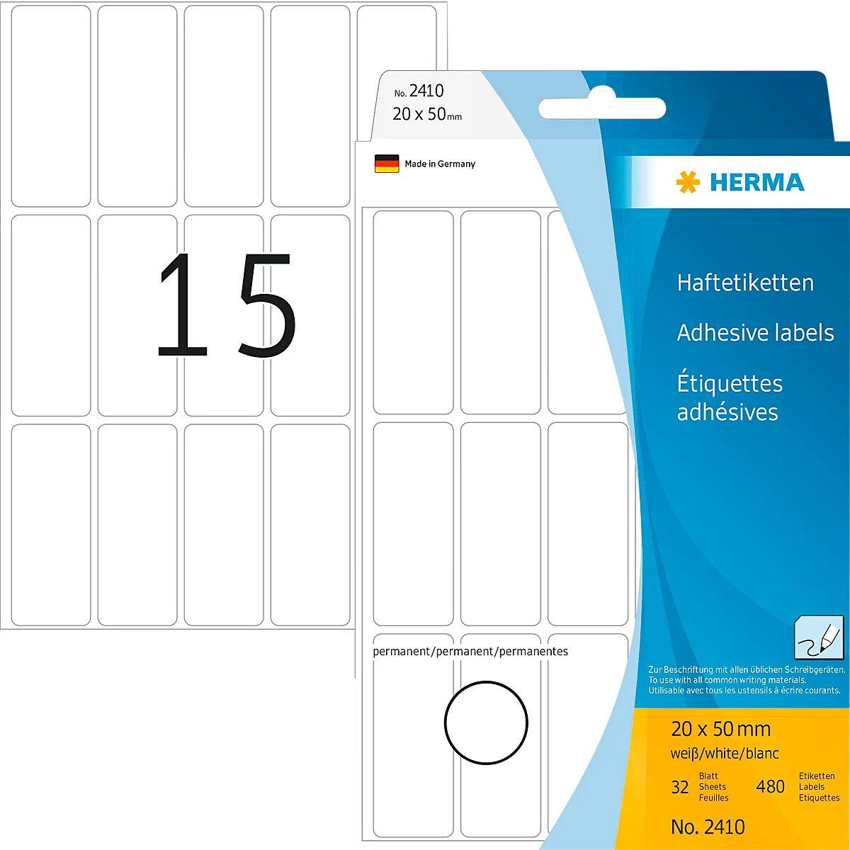 Étiquettes multi-usages Herma, 20 x 50 mm, adhésives, permanentes, mates, 480 pièces, blanches