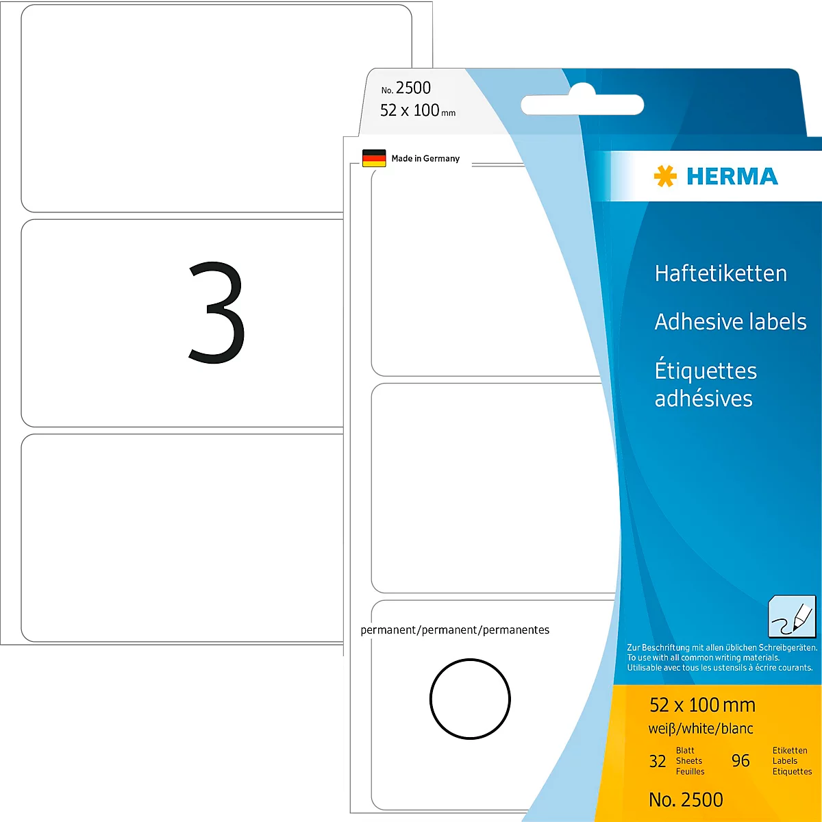 Étiquettes multi-usages Herma, 52 x 100 mm, adhésives, permanentes, mates, 96 pièces, blanches