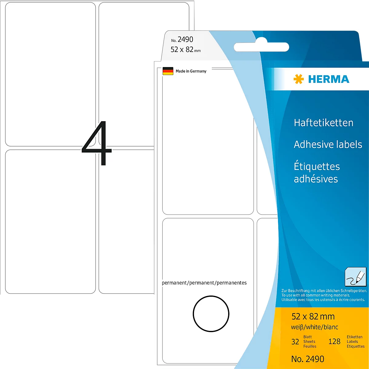 Étiquettes multi-usages Herma, 52 x 82 mm, adhésives, permanentes, mates, 128 pièces, blanches