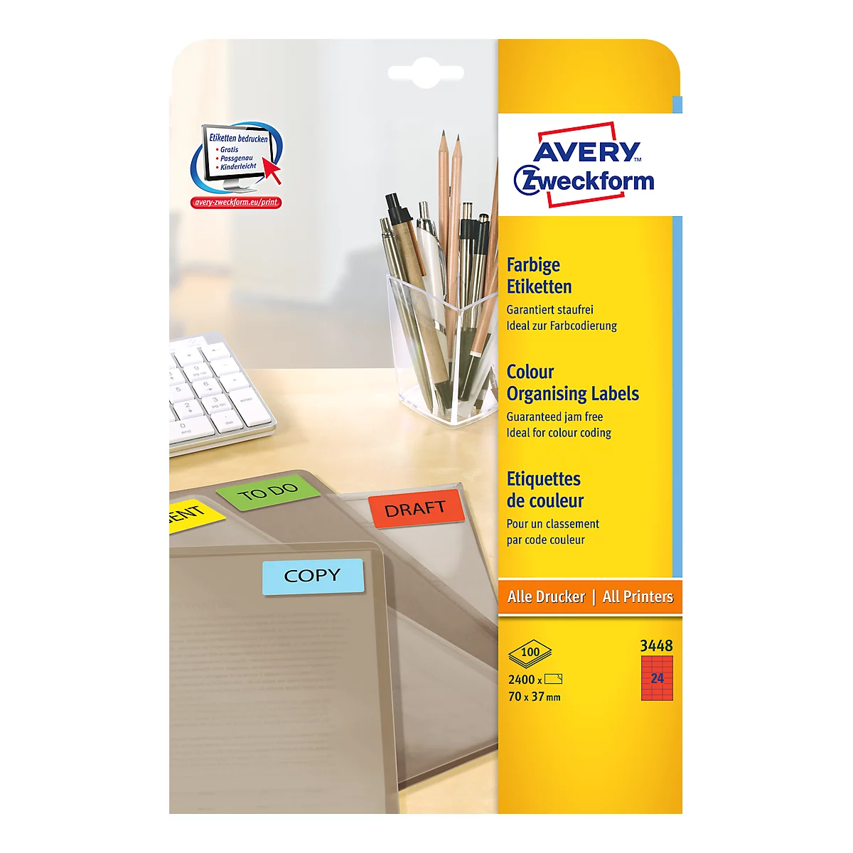 Étiquettes multifonctionnelles 3448 Avery Zweckform, 70 x 37 mm, 2400 unités, rouge