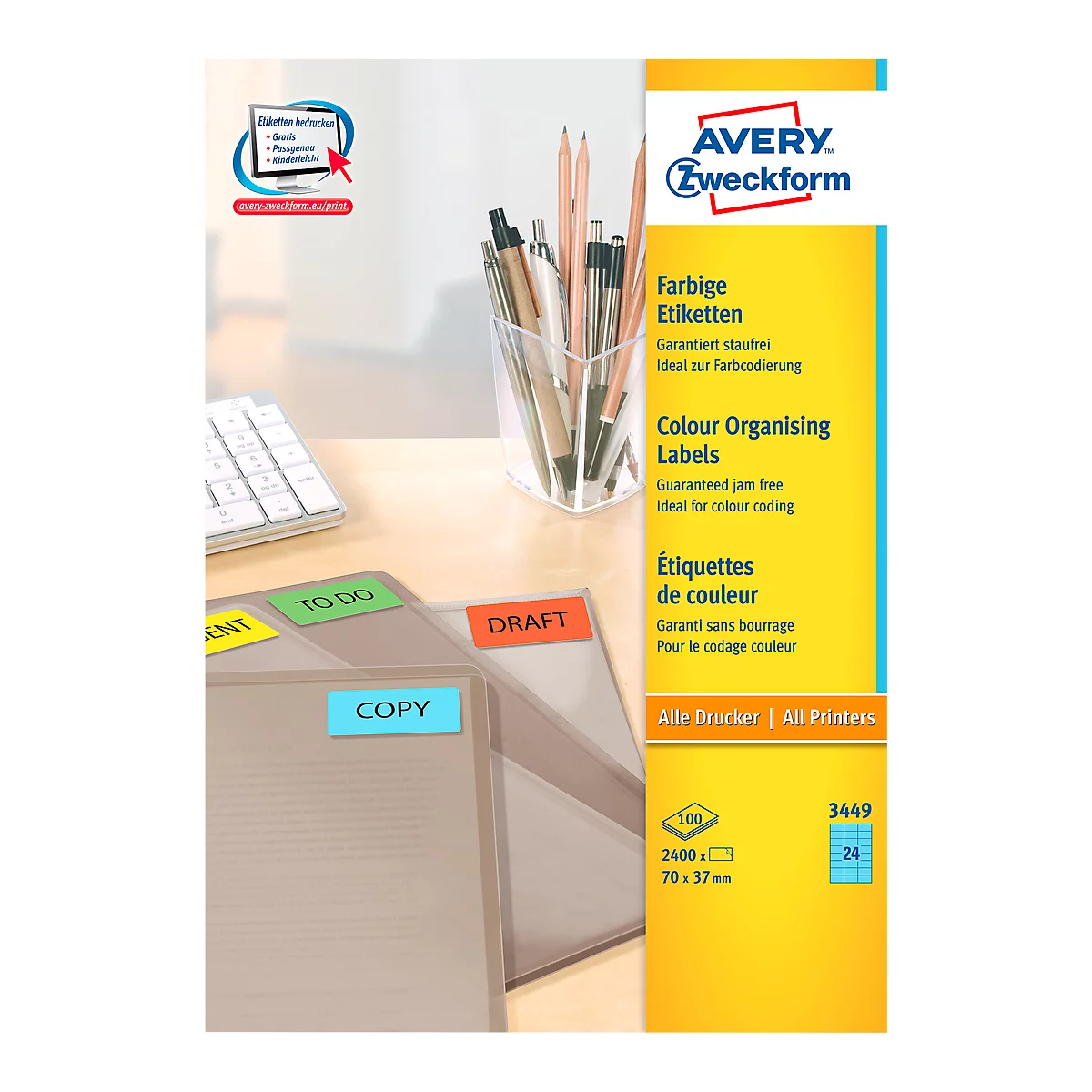 Étiquettes multifonctionnelles 3449 Avery Zweckform, 70 x 37 mm, 2400 unités, bleu