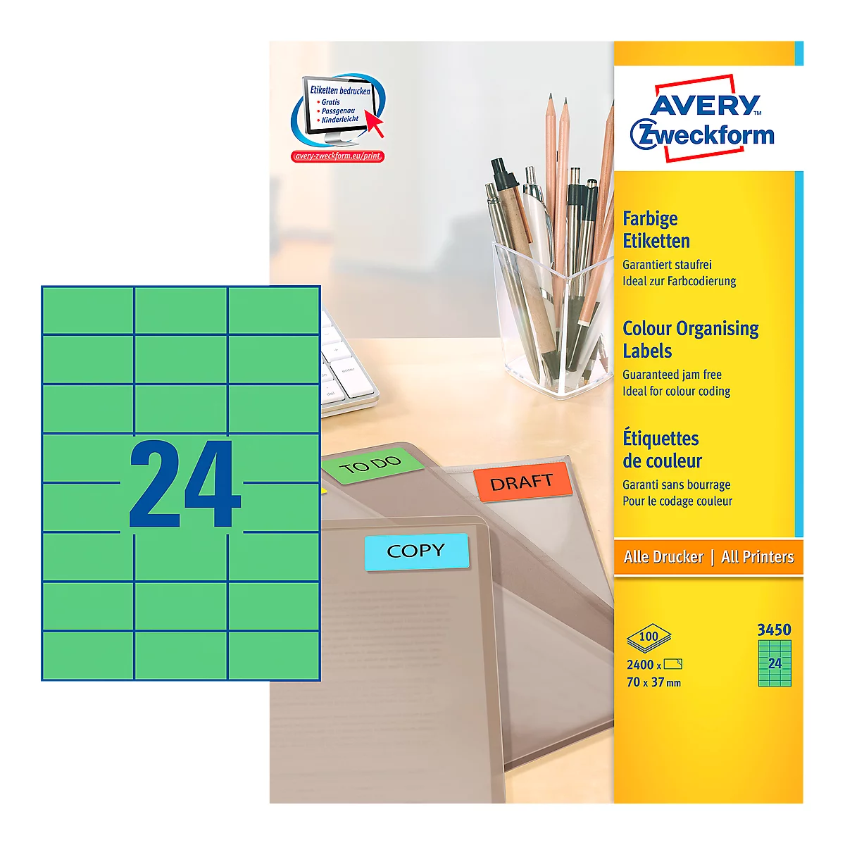 Étiquettes multifonctionnelles 3450 Avery Zweckform, 70 x 37 mm, 2400 unités, vert