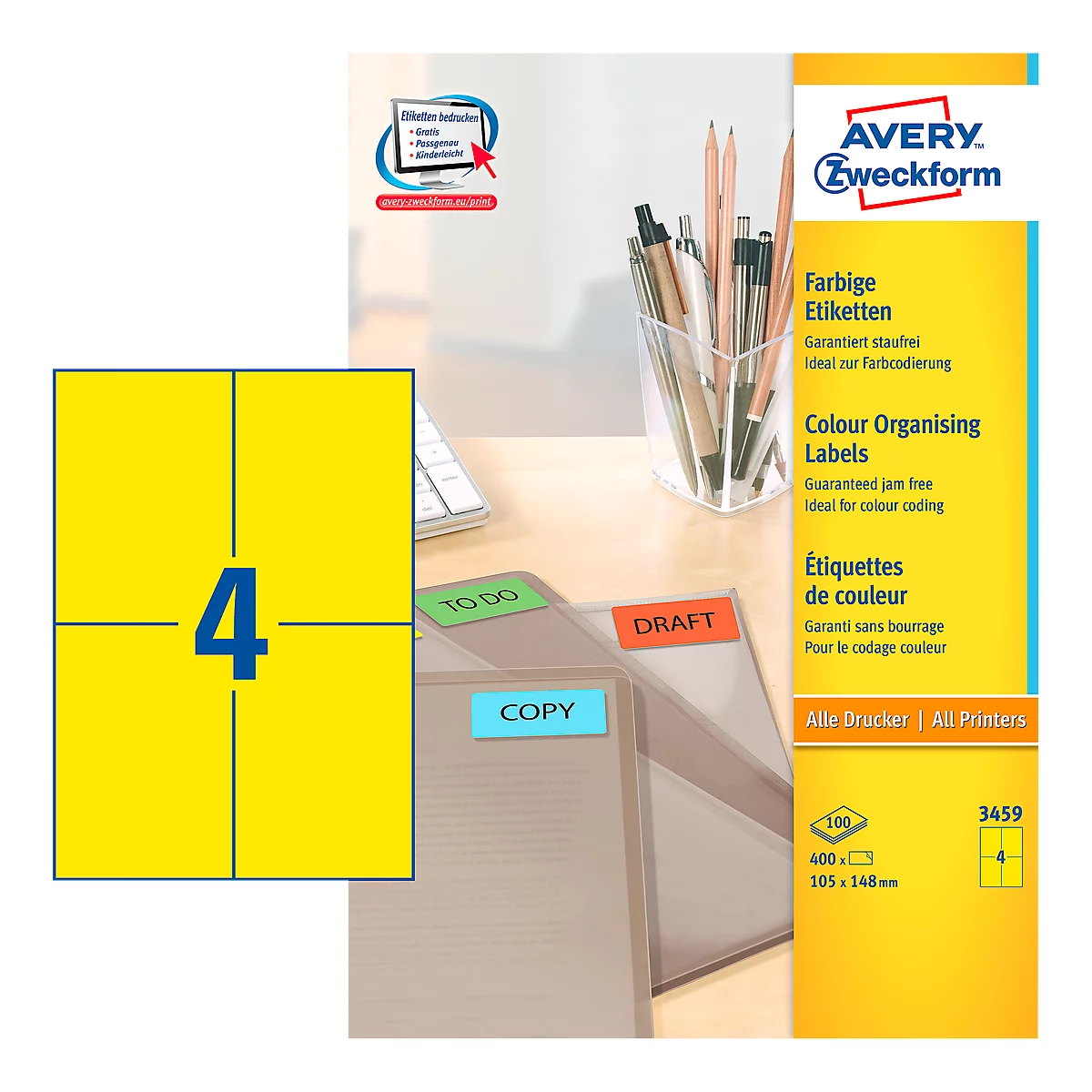 Étiquettes multifonctionnelles 3459 Avery Zweckform, 105 x 148 mm, 400 unités, jaune