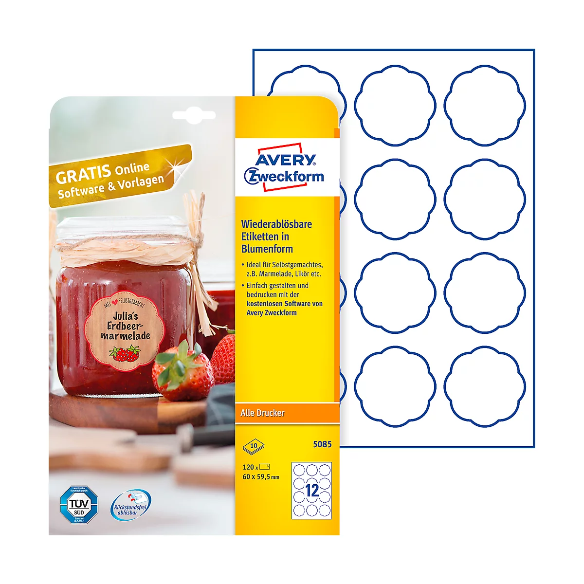 Étiquettes multifonctionnelles collantes Zweckform AVERY®, vierge, 60 x 59,5 mm, 120 p., forme de fleur, pour toutes les imprimantes