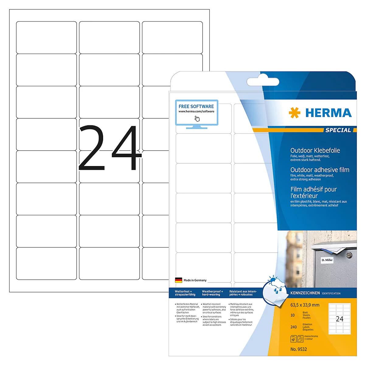 Étiquettes multifonctionnelles en polyester n° 9532 Herma, résistant aux intempéries, 240 étiquettes, 10 p.