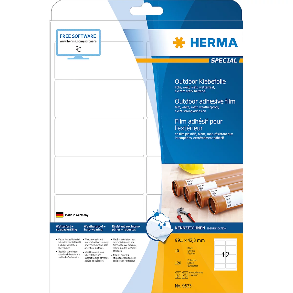 Étiquettes multifonctionnelles en polyester n° 9533 Herma, résistant aux intempéries, 120 étiquettes, 10 p.