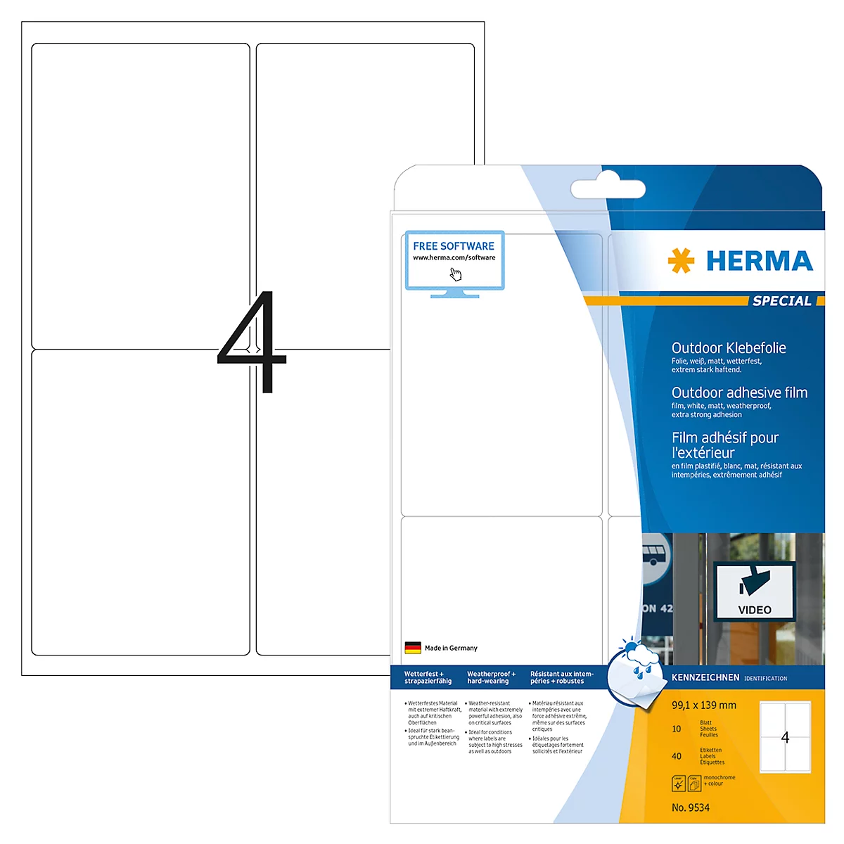 Étiquettes multifonctionnelles en polyester n° 9534 Herma, résistant aux intempéries, 40 étiquettes, 10 p.