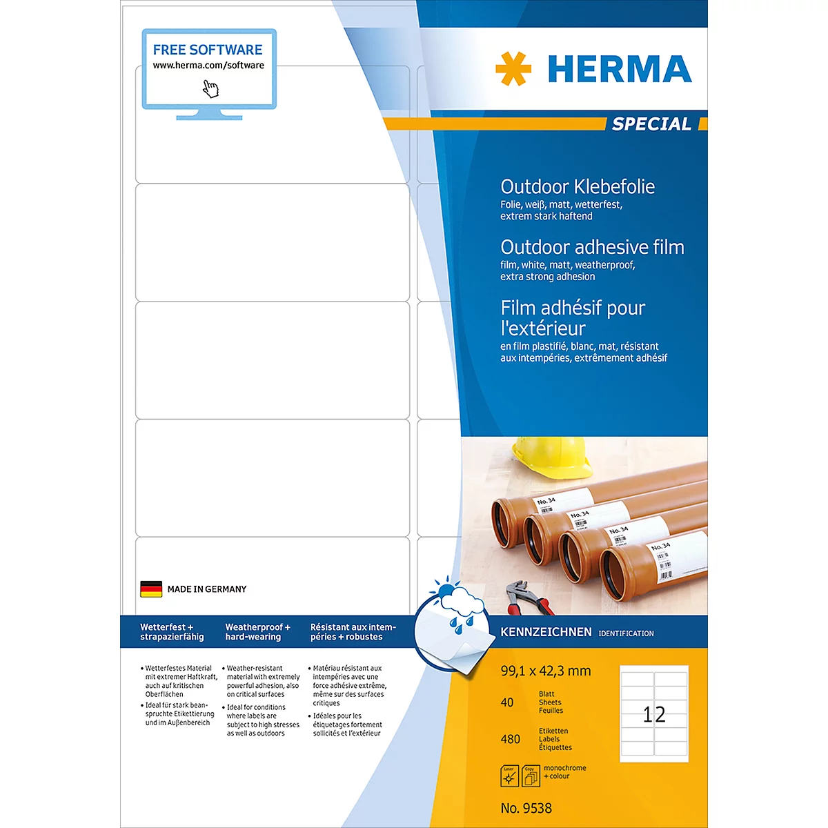 Étiquettes multifonctionnelles en polyester n° 9538 Herma, résistant aux intempéries, extensible
