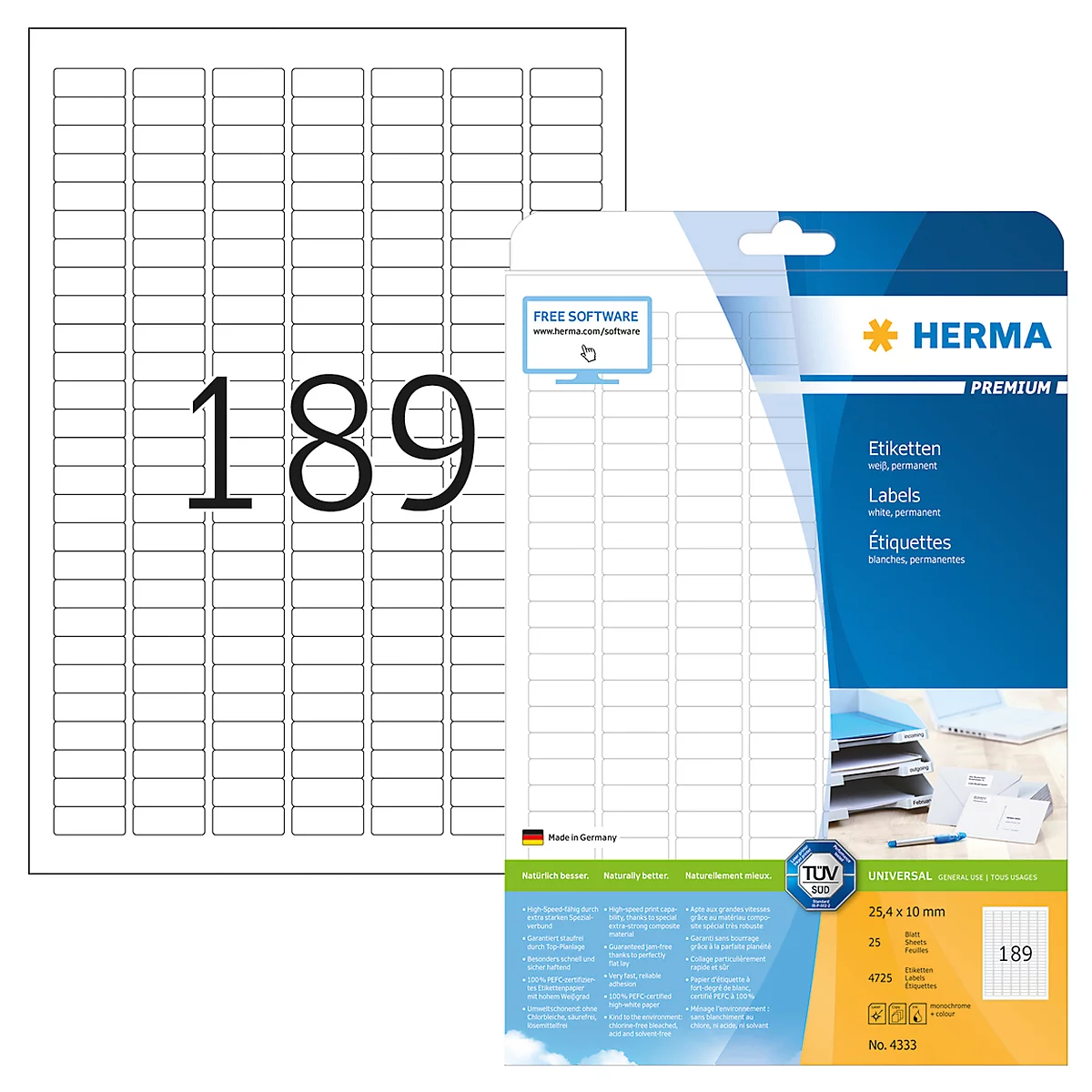 Étiquettes multifonctionnelles premium n° 4333 sur feuilles A4 Herma, 4725 étiquettes, 25 p.