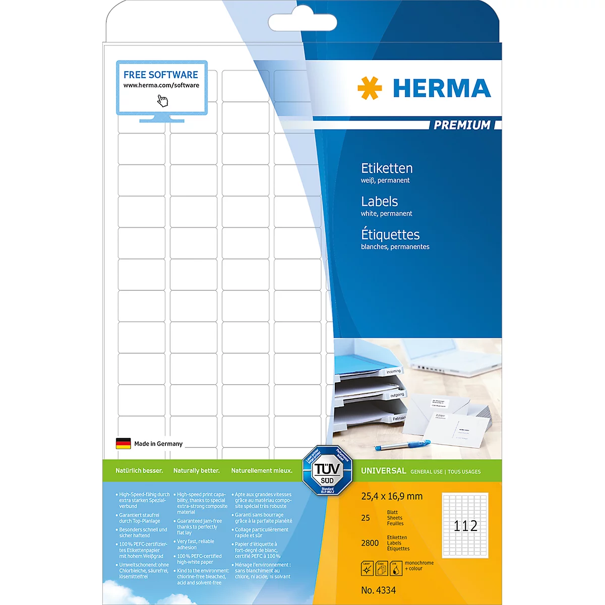 Étiquettes multifonctionnelles premium n° 4334 sur feuilles A4 Herma, 2800 étiquettes, 25 p.