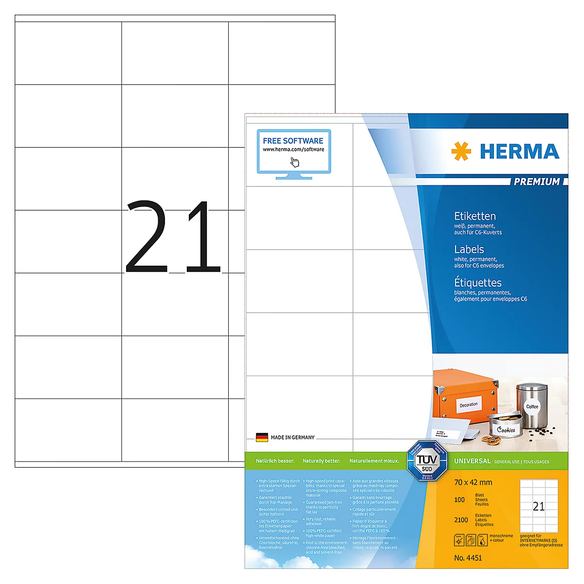 Étiquettes multifonctionnelles premium n° 4451 sur feuilles A4 Herma, 2100 étiquettes, 100 p.