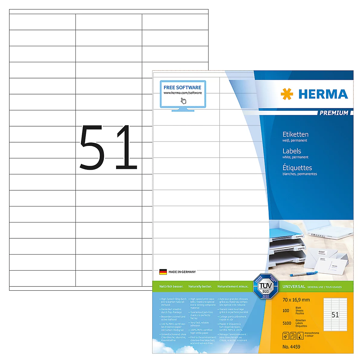 Étiquettes multifonctionnelles premium n° 4459 sur feuilles A4 Herma, 5100 étiquettes, 100 p.
