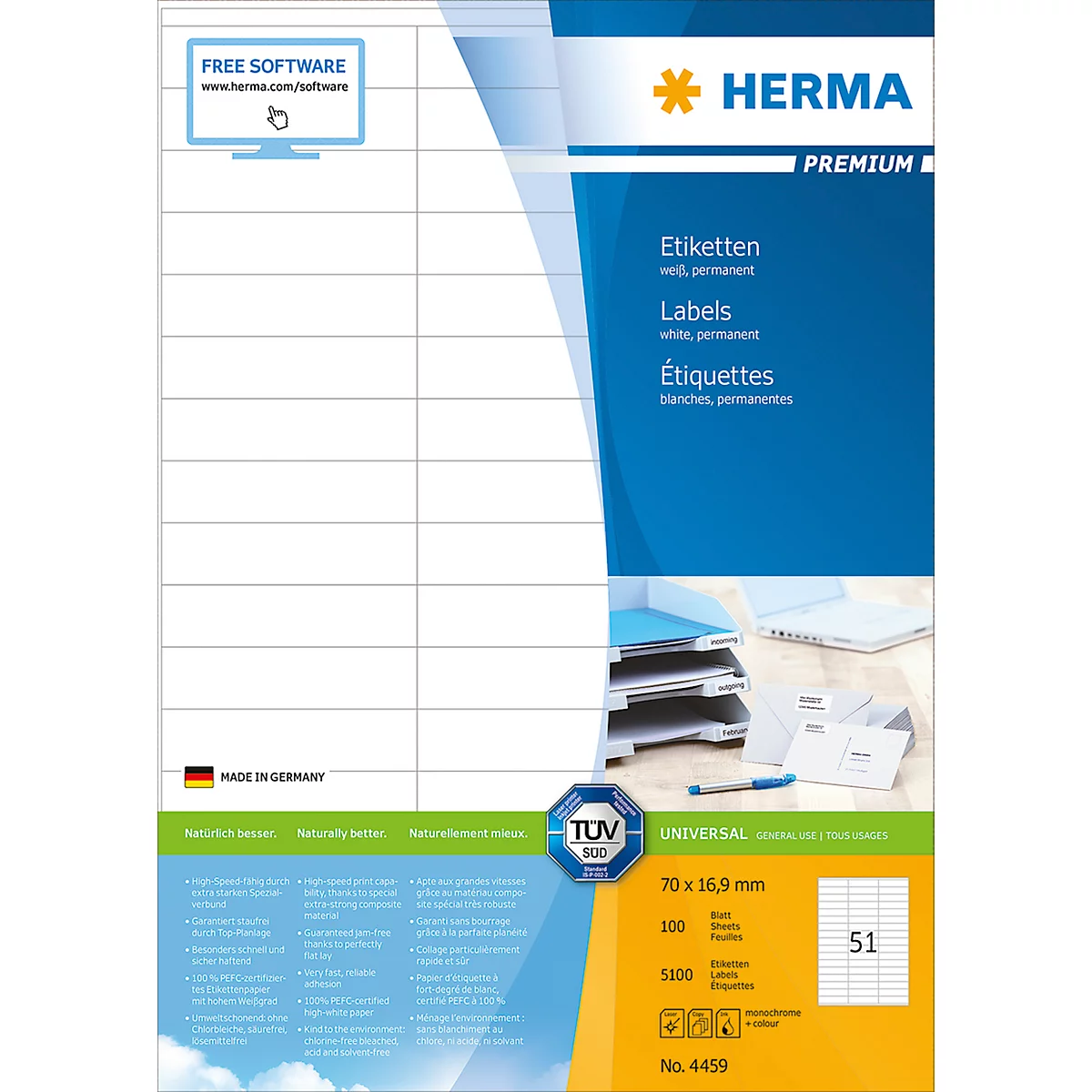 Étiquettes multifonctionnelles premium n° 4459 sur feuilles A4 Herma, 5100 étiquettes, 100 p.