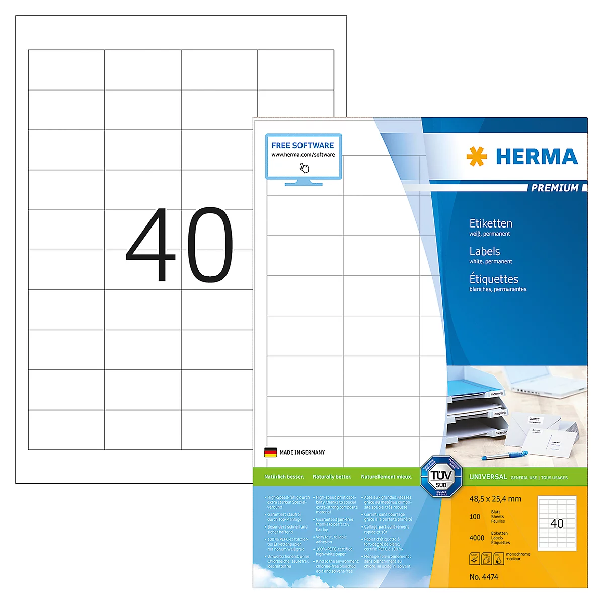 Étiquettes multifonctionnelles premium n° 4474 sur feuilles A4 Herma, 4400 étiquettes, 100 p.