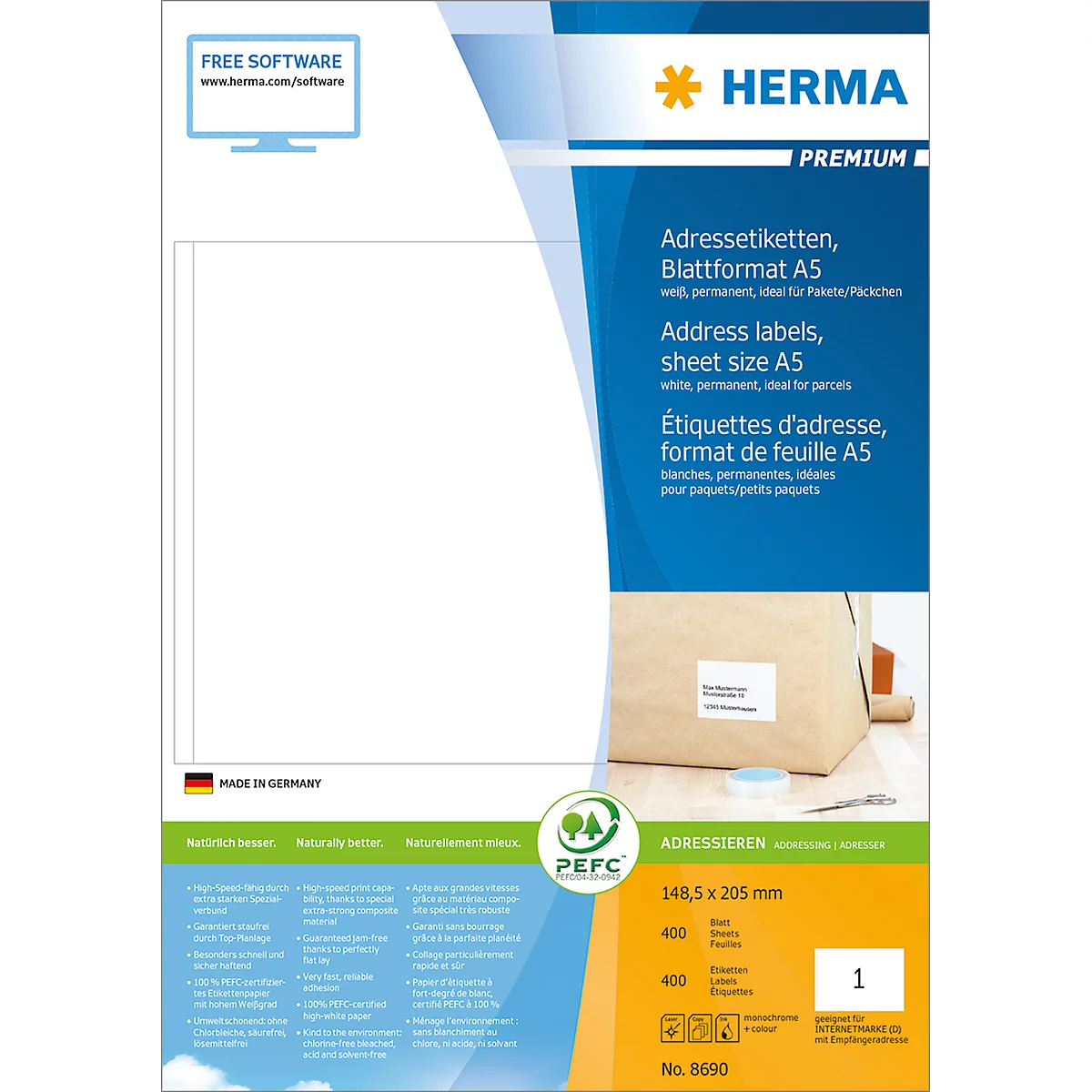 Étiquettes multifonctionnelles premium n° 8690 sur feuilles A5 Herma, 400 étiquettes, 400 p.