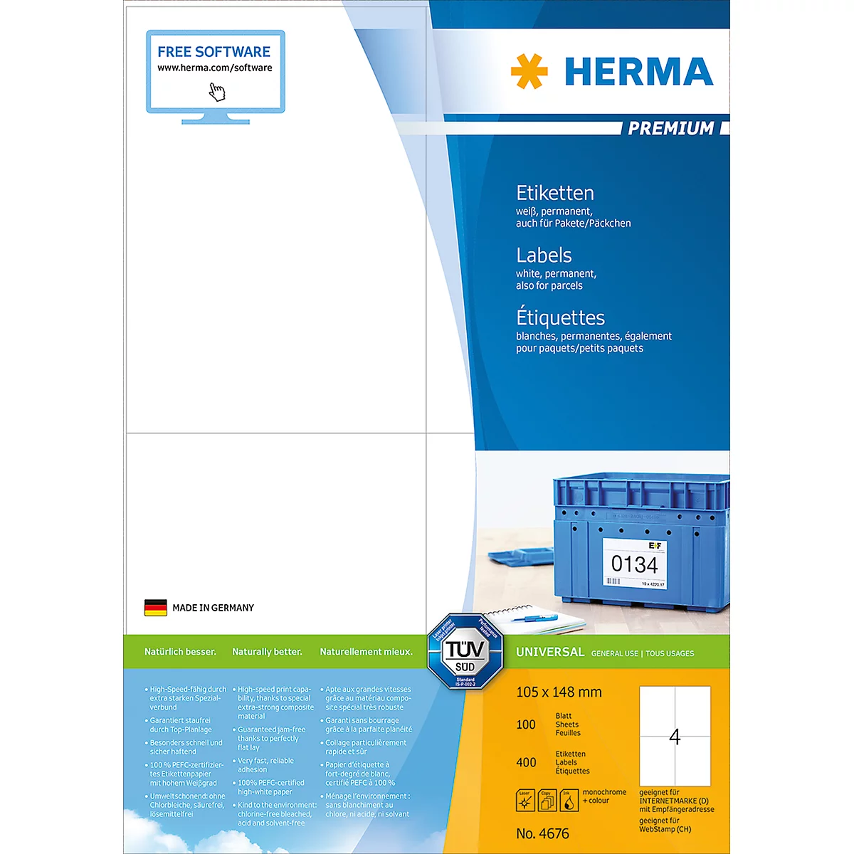 Herma Étiquettes d'adresse Premium format de feuille A6 105x148 mm, blanche