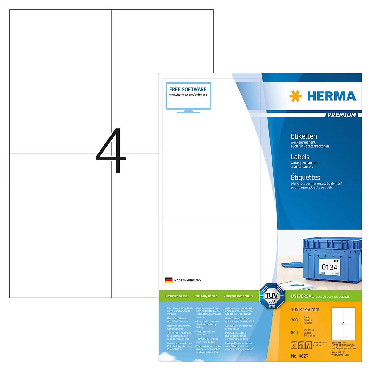 Étiquettes multifonctionnelles premium sur feuilles A4 Herma, 800 étiquettes, 200 p.