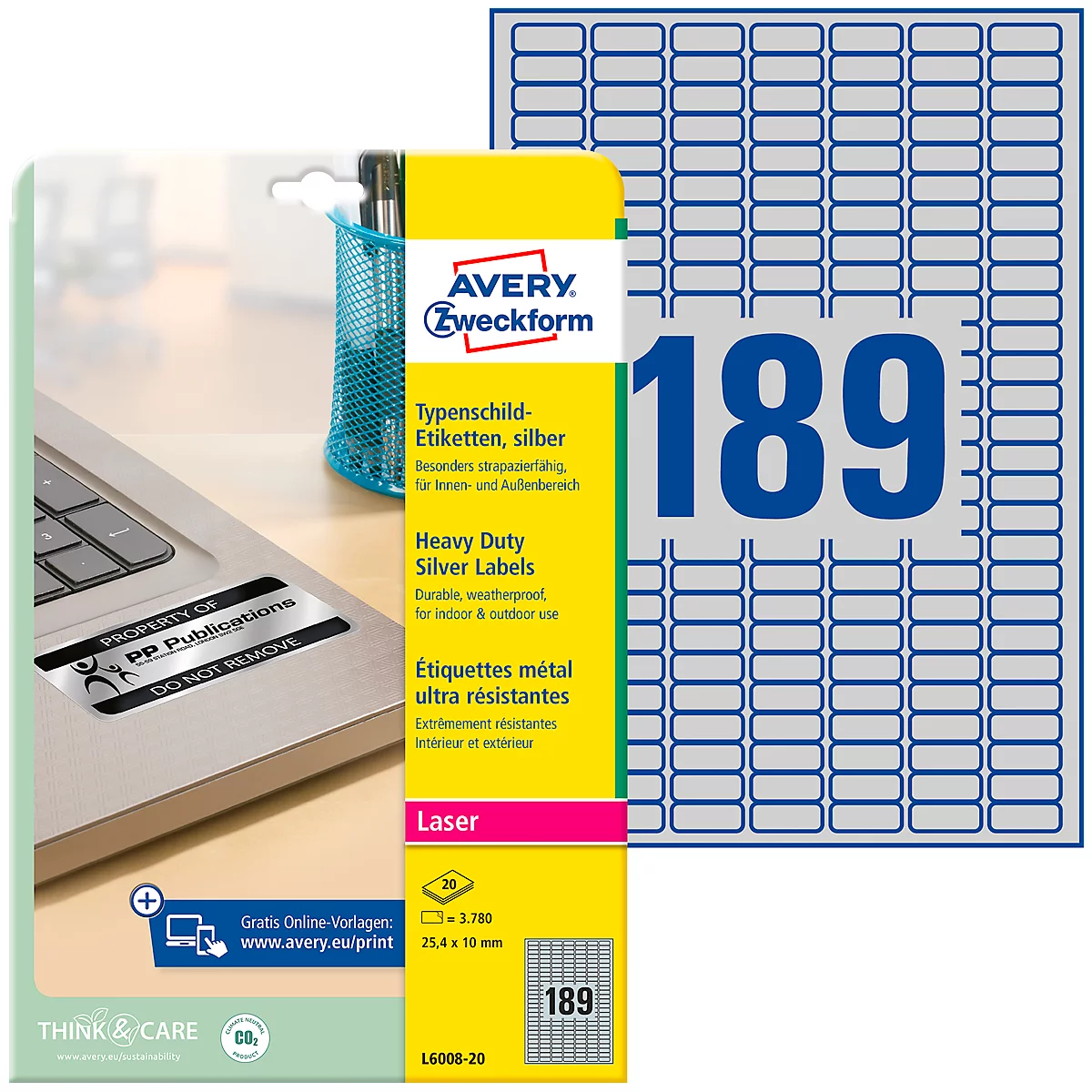 Image du produit d'étiquettes avec un ordinateur portable, y compris l'emballage avec des informations sur le produit.