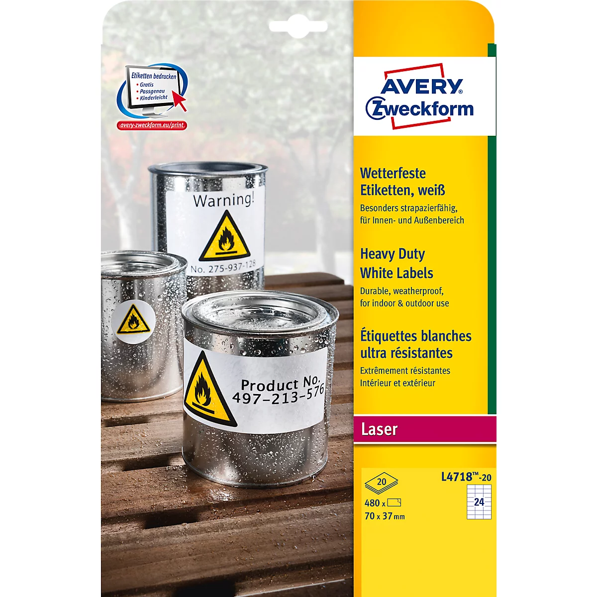 Étiquettes polyéthylène Avery Zweckform, résistant aux intempéries, pour usage intérieur et extérieur, 70 x 37 mm