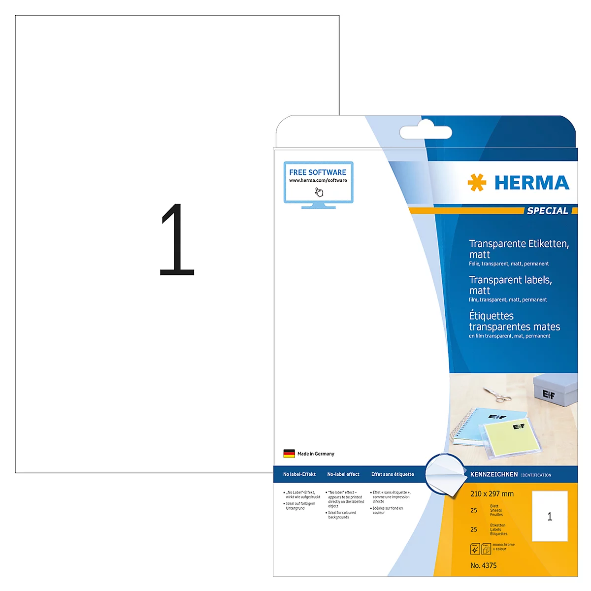 Étiquettes polyéthylène transparentes mattes sur feuilles A4 Herma, 25 étiquettes, 25 p.