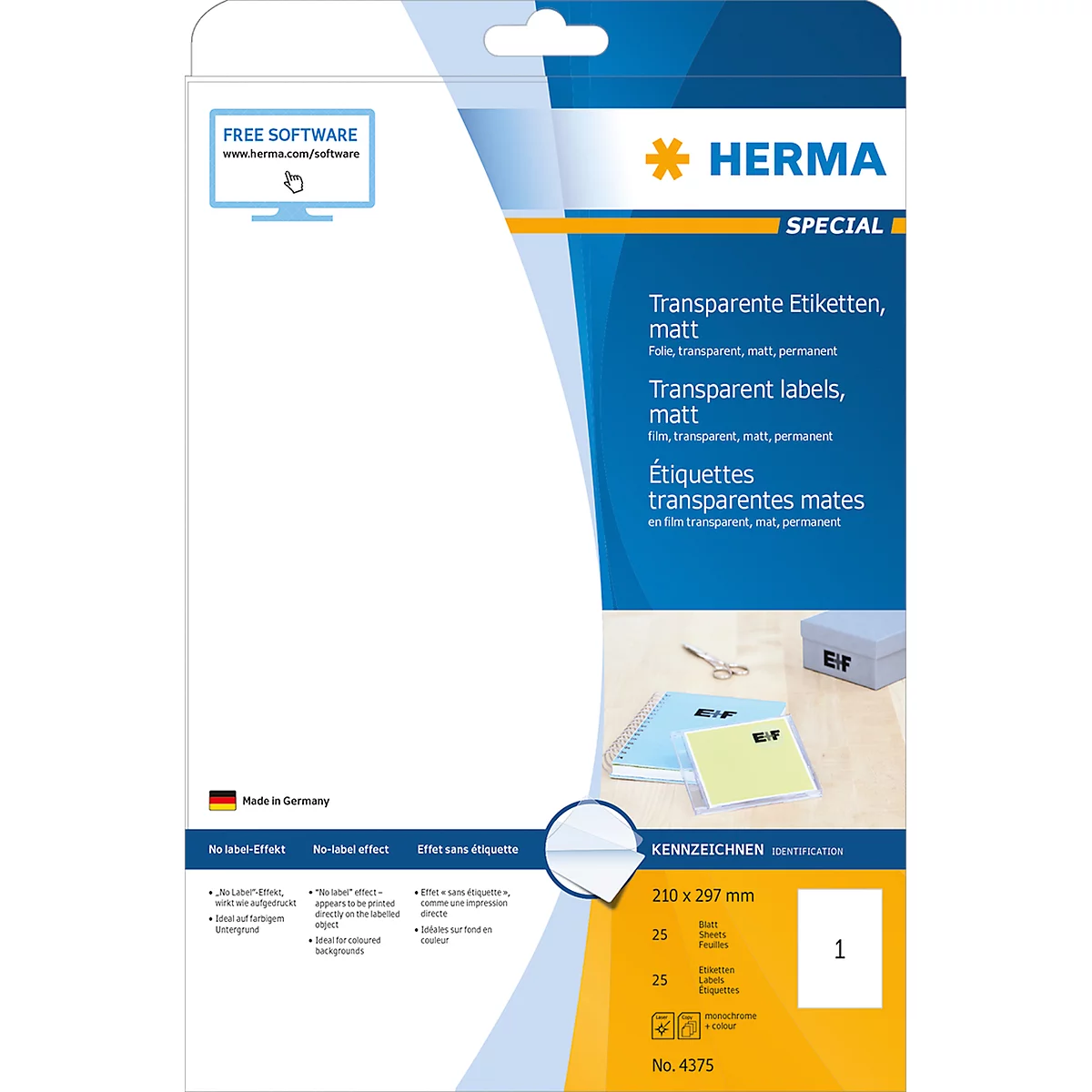 Étiquettes polyéthylène transparentes mattes sur feuilles A4 Herma, 25 étiquettes, 25 p.