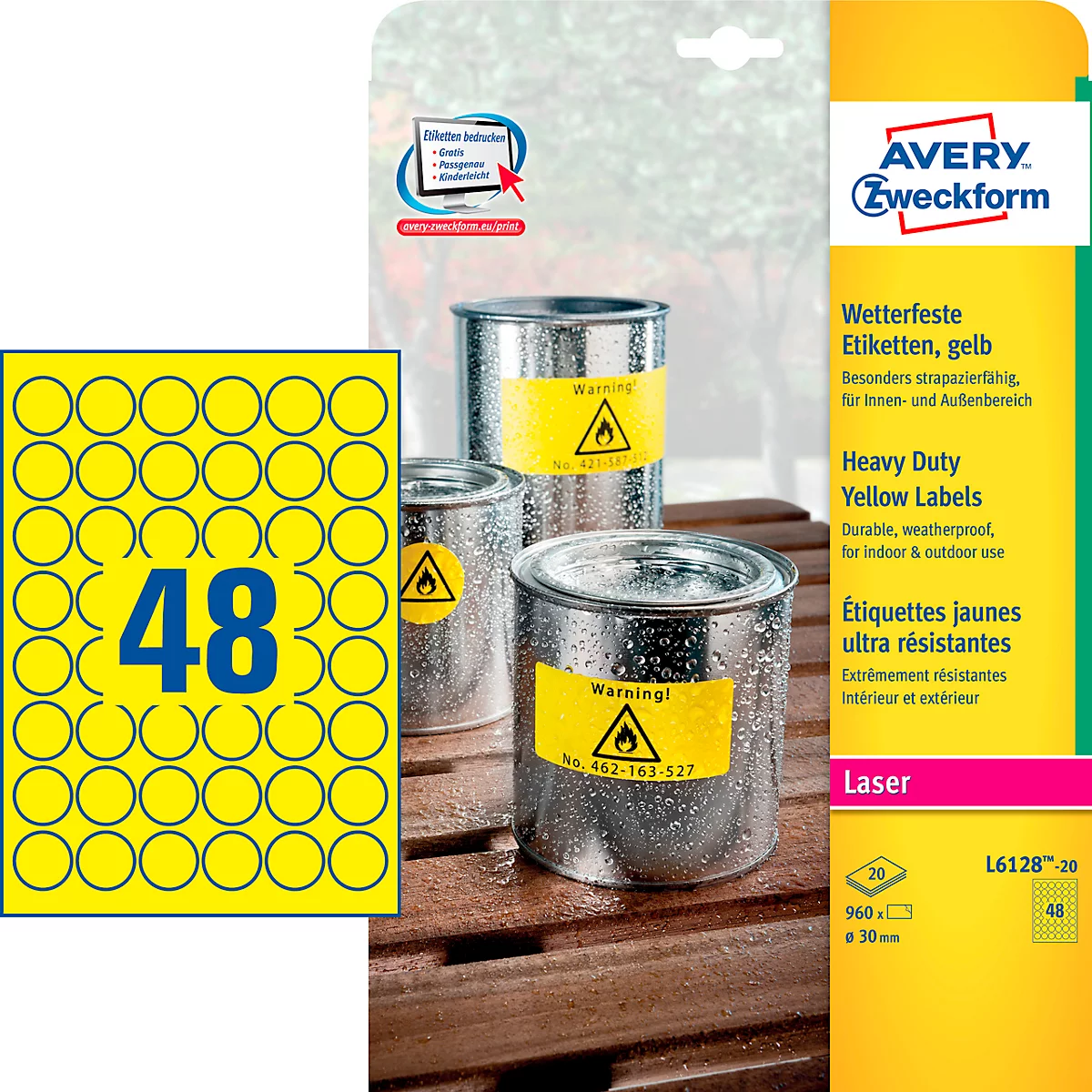 Étiquettes polyéthylène ultra-résistantes Avery Zweckform, Ø 30 mm, permanent, jaune