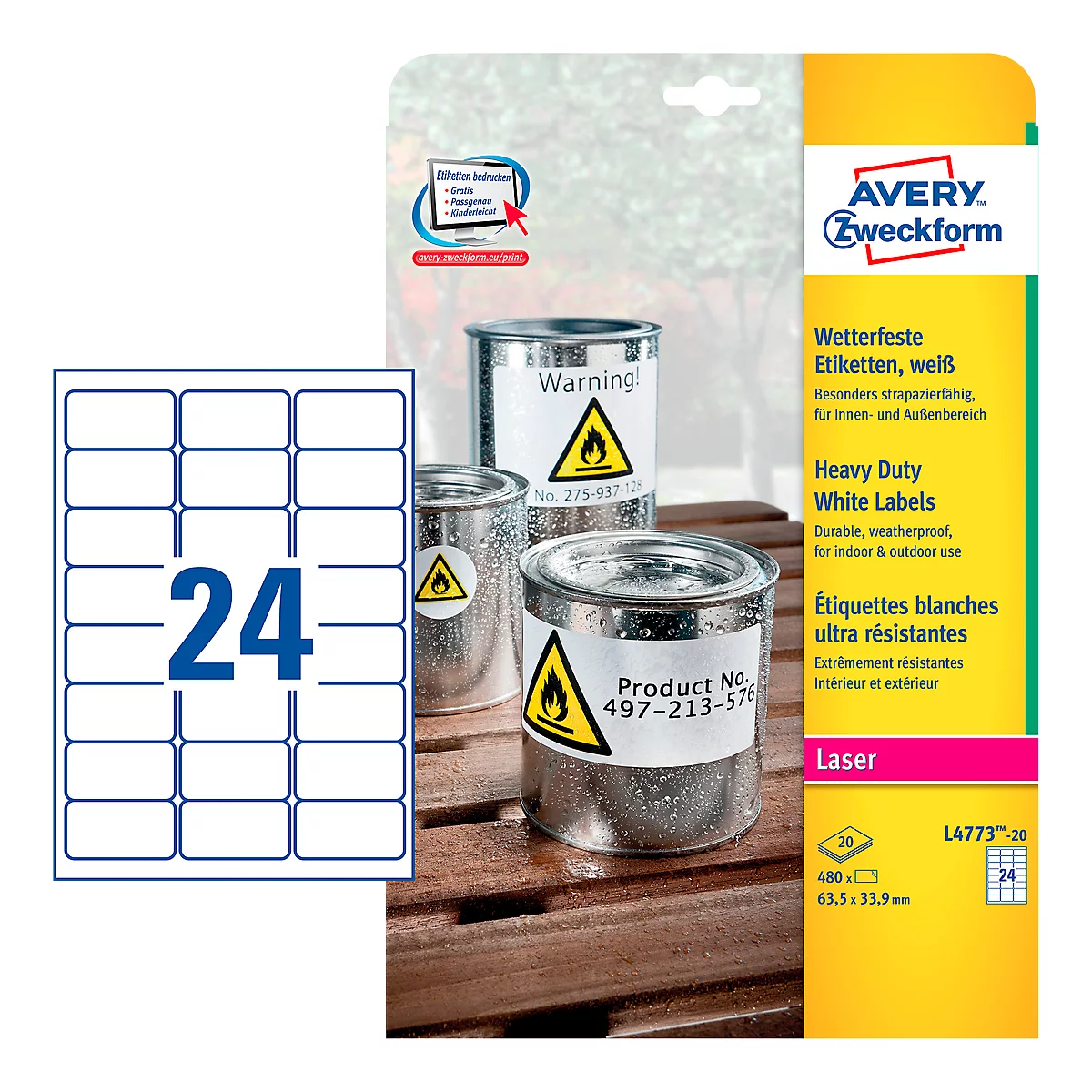 Étiquettes polyéthylène ultra-résistantes L4773-20 Avery Zweckform, 63,5 x 33,9 mm, permanent, blanc