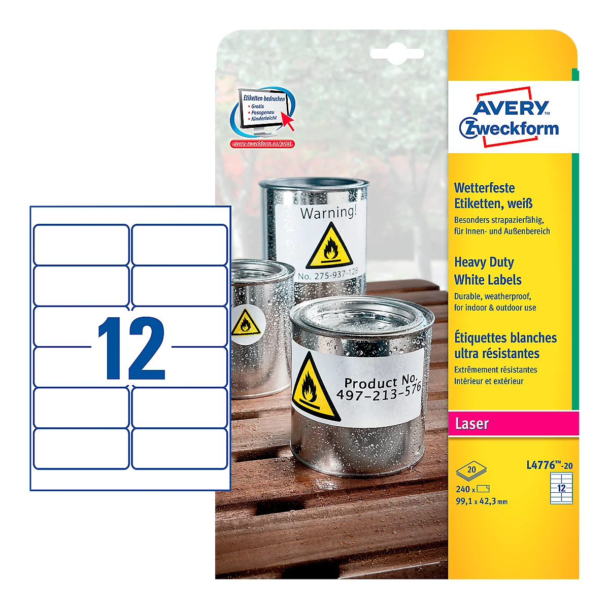 Étiquettes polyéthylène ultra-résistantes L4776-20 Avery Zweckform, 99,1 x 42,3 mm, permanent, blanc
