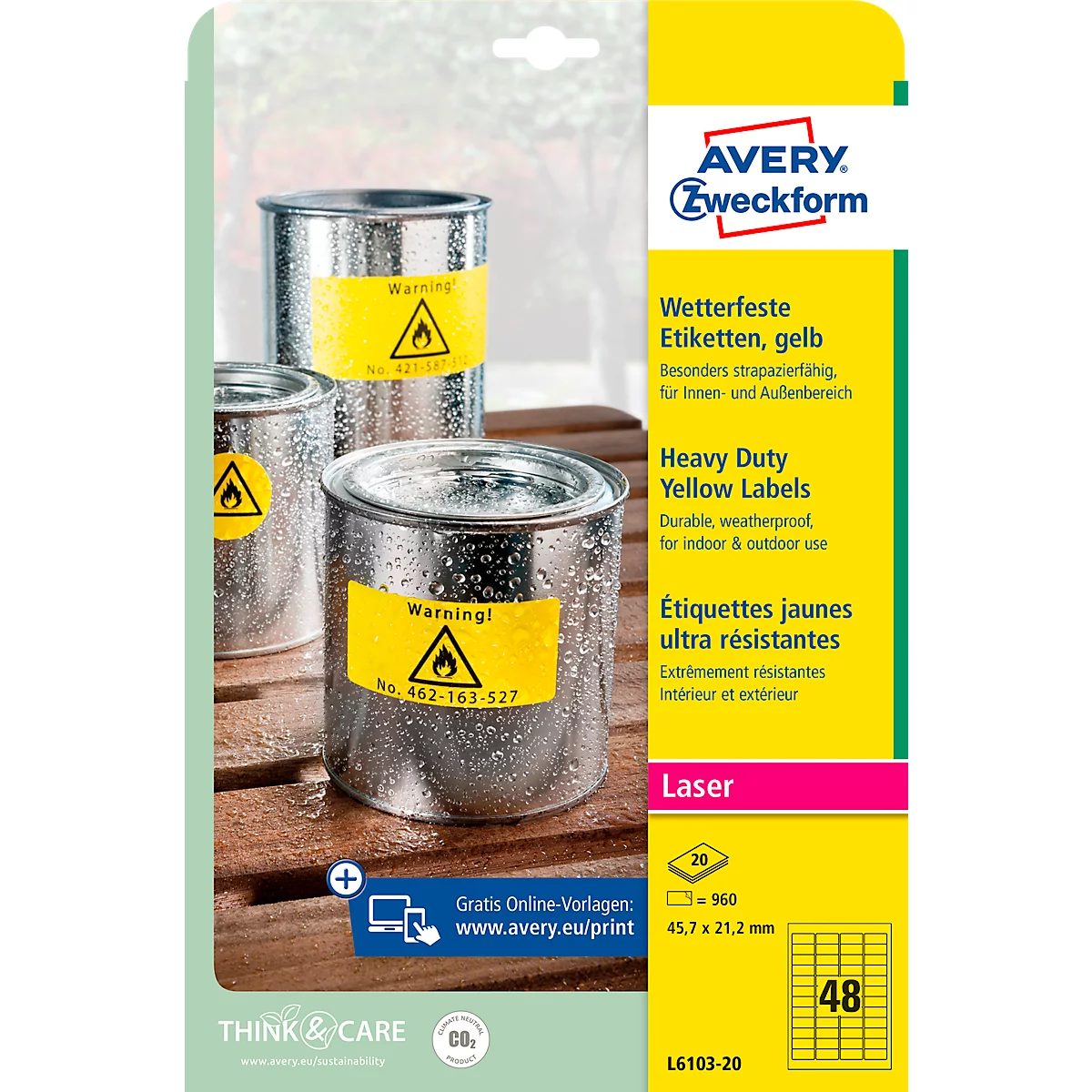 Étiquettes polyéthylène ultra-résistantes L6103-20 Avery Zweckform, 45,7 x 21,2 mm, permanent, jaune