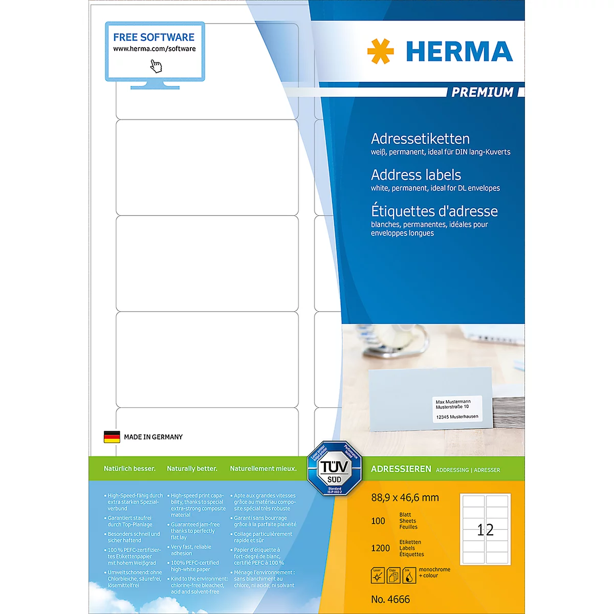 Étiquettes postales premium n° 4666 sur feuilles A4 Herma, 1200 étiquettes, 100 p.