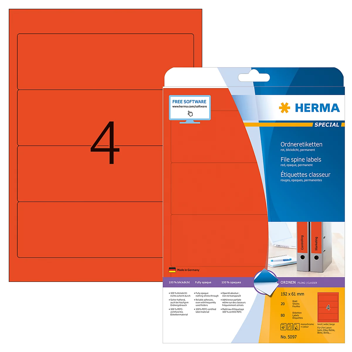 Étiquettes pour classeurs A4 Herma, 192 mm, adhésif permanent/imprimable, 80 p., rouge