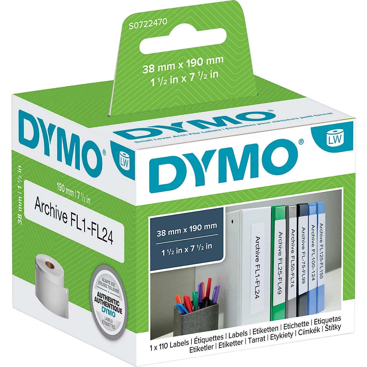 Étiquettes d'archivage Dymo dans un emballage de vente vert avec exemple d'application et taille 38 mm x 190 mm.