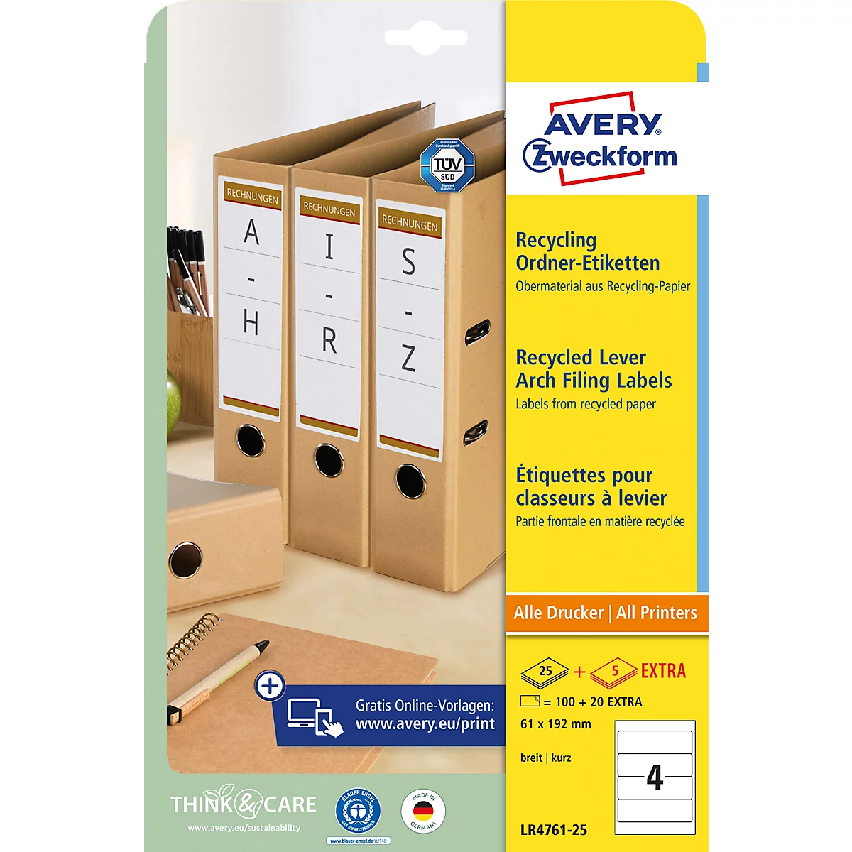 Etiquettes pour dossiers AVERY® Zweckform, pour imprimante jet d'encre/laser, rectangulaires, permanentes, 120 pièces, L 61 x H 192 mm, dossiers larges, papier, blanc naturel.