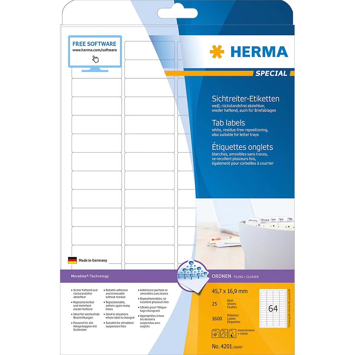 Étiquettes pour onglets n° 4201 sur feuilles A4 Herma, 1600 étiquettes, 25 p.