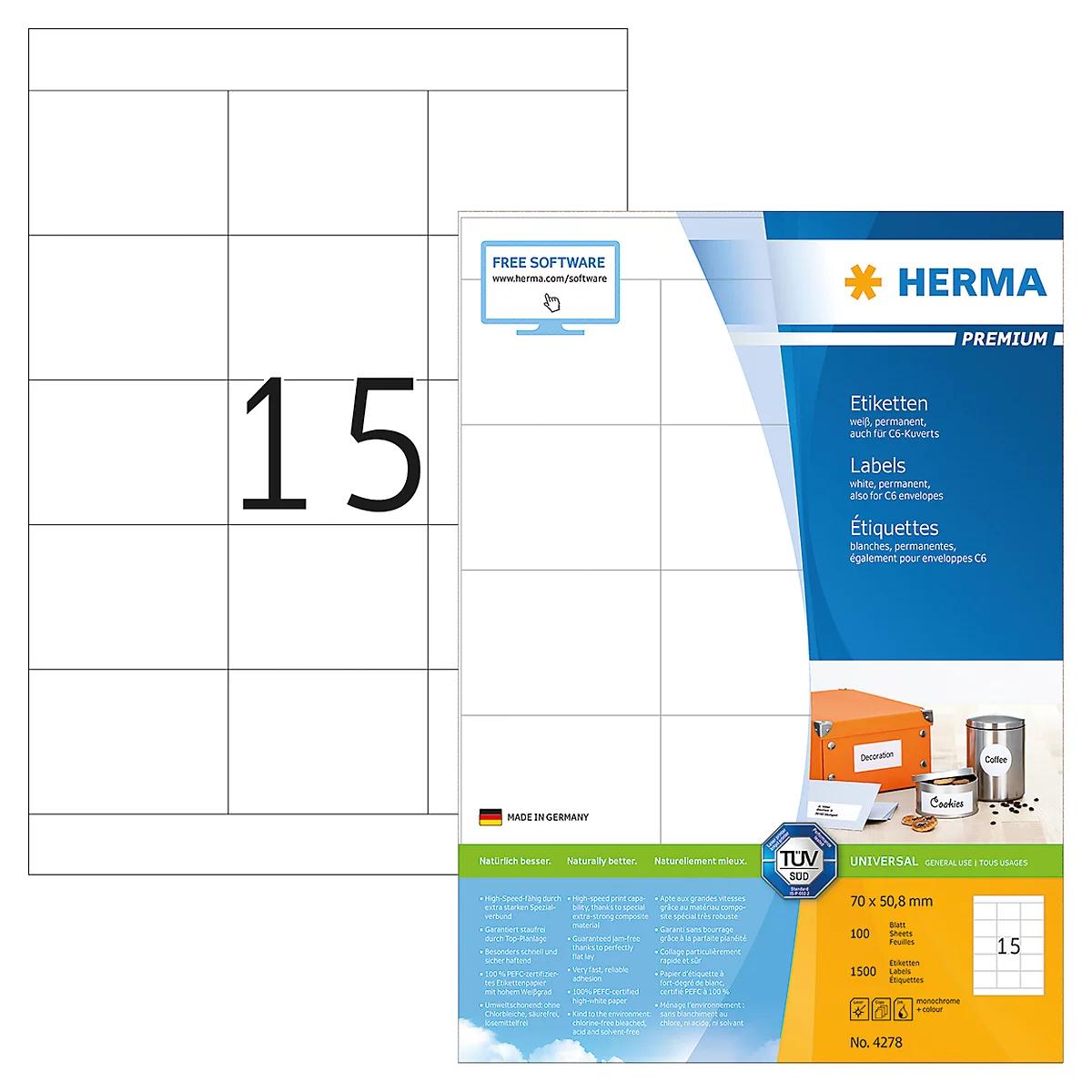 Étiquettes premium n° 4278 sur feuilles A4 Herma, adhésif permanent
