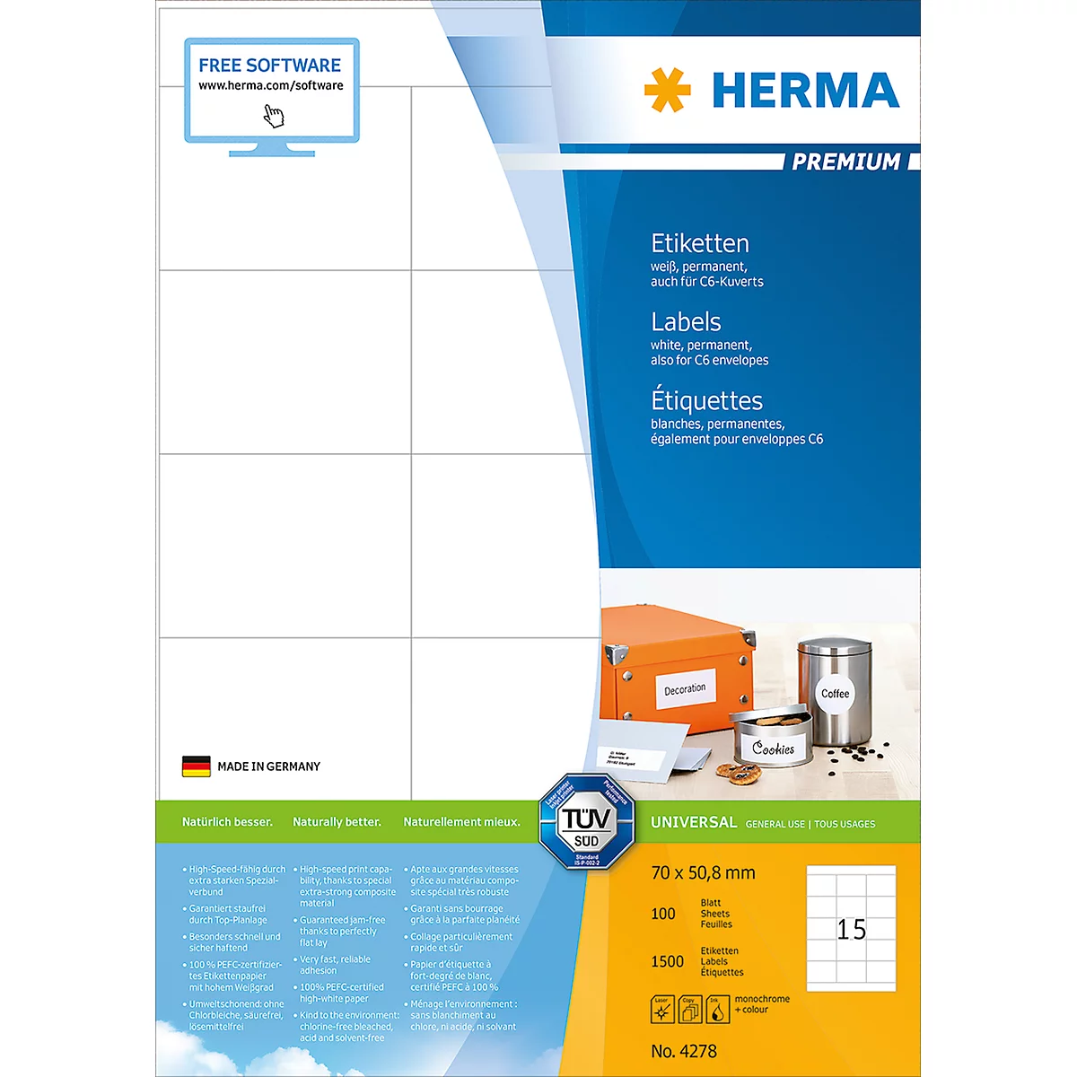 Étiquettes premium n° 4278 sur feuilles A4 Herma, adhésif permanent