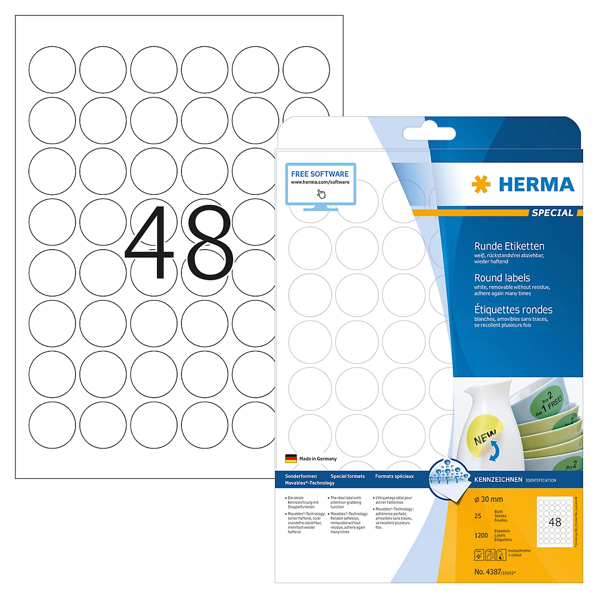 Étiquettes rondes n° 4378 sur feuilles A4 Herma, 1200 étiquettes, 25 p.