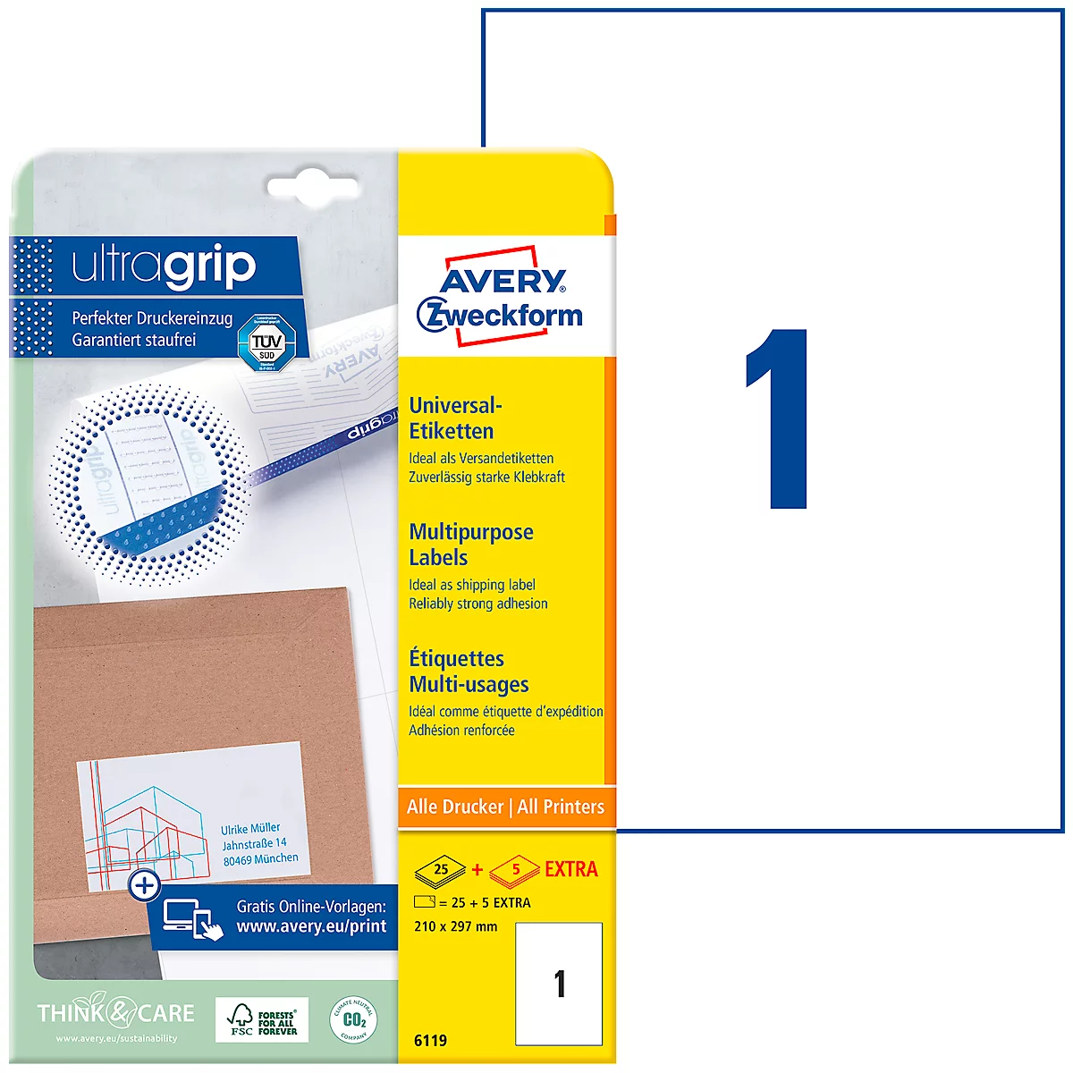 Etiquettes universelles 6119 Avery, ultragrip, 210 x 297 mm, 25 + 5 feuilles