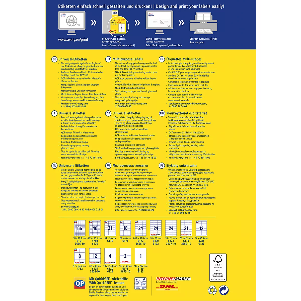 Etiquettes universelles 6119 Avery, ultragrip, 210 x 297 mm, 25 + 5 feuilles