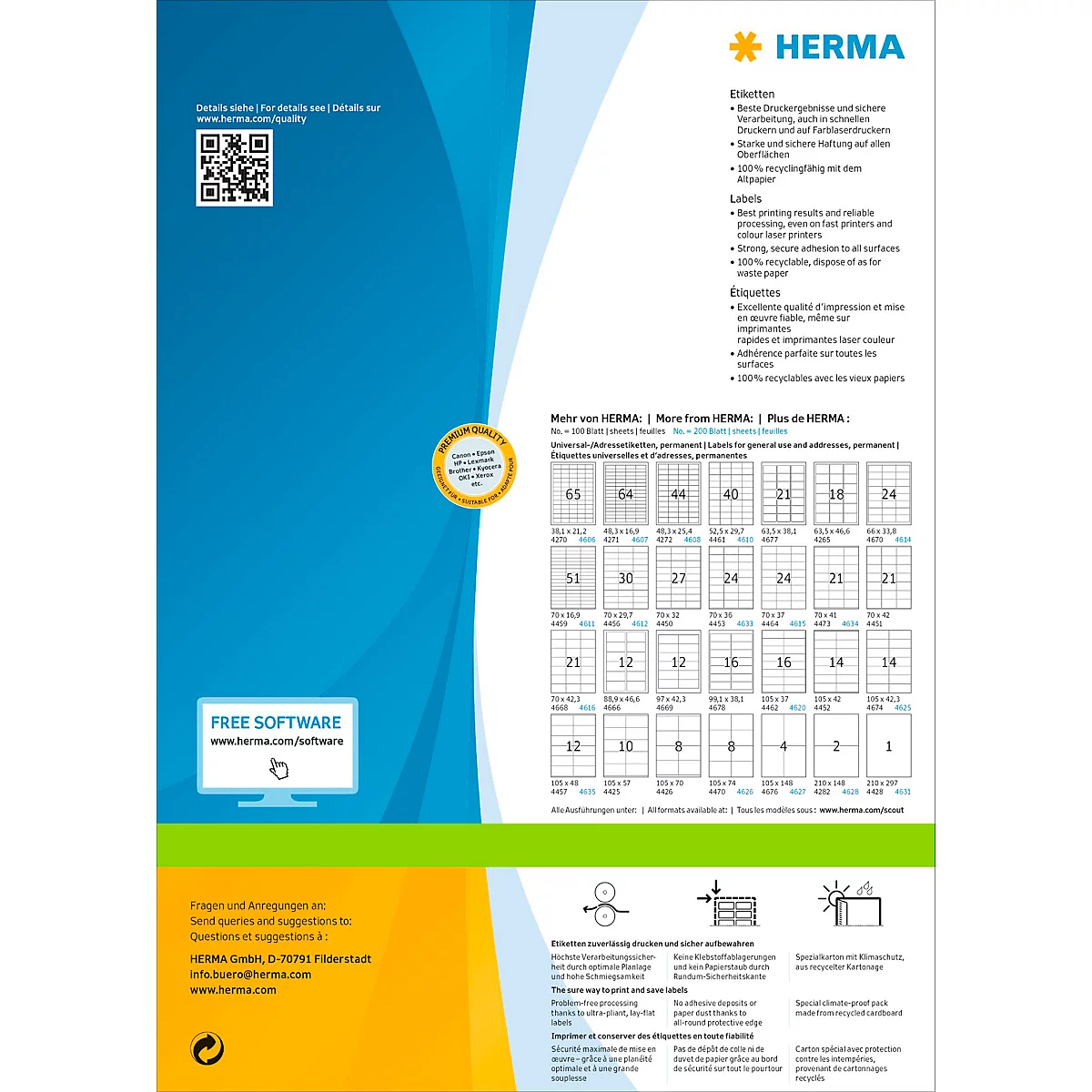 Feuille de produit avec étiquettes, en bleu, blanc et jaune. Code QR et instructions à gauche. Description du produit en allemand à droite.