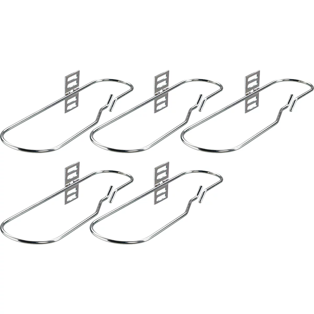 Cinq supports métalliques avec des supports rectangulaires sur fond blanc, vus de dessus.