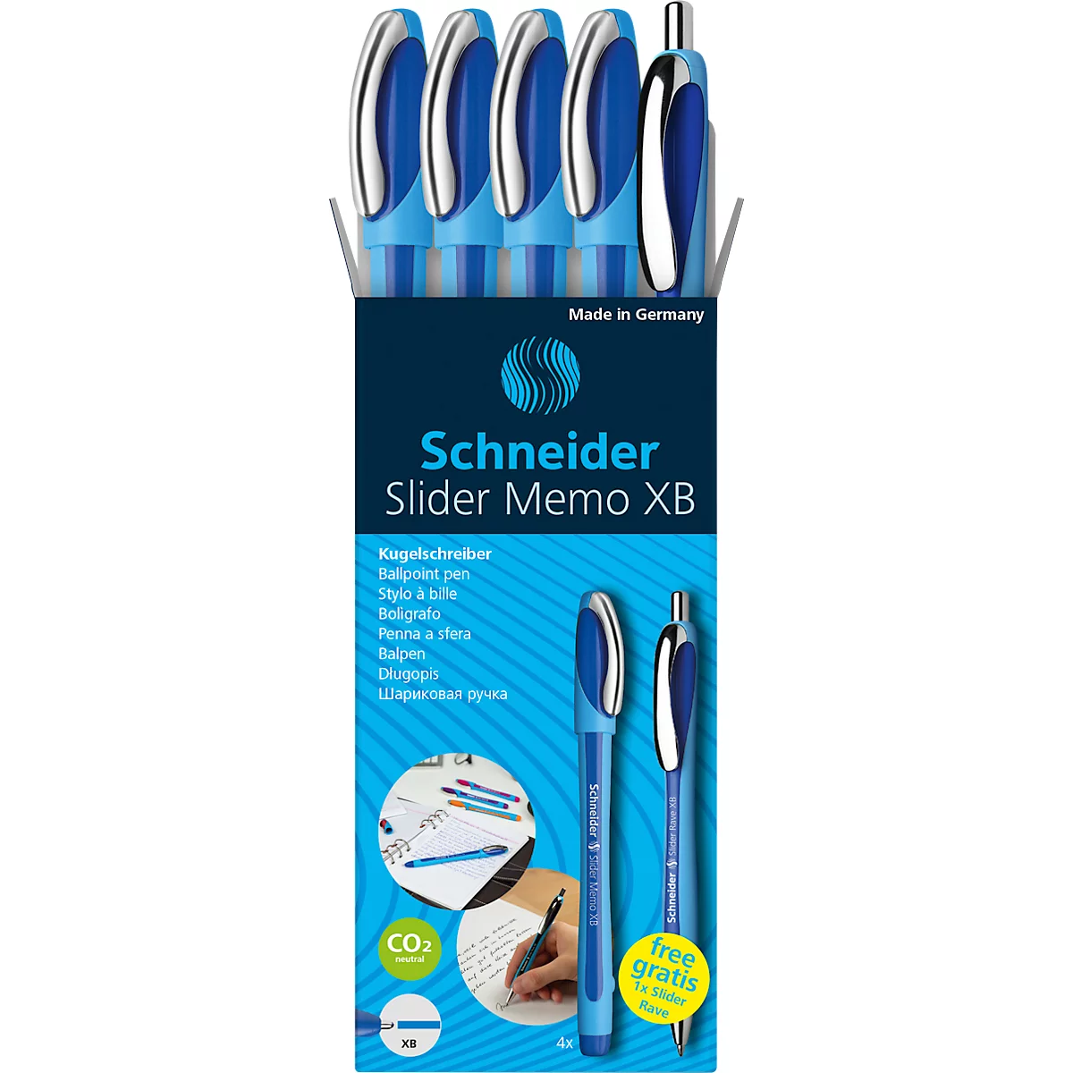 Etui de stylo à bille Schneider, 4 x Slider Memo XB encre noire + 1 x Slider Rave XB encre bleue, indélébile, technologie ViscoGlide