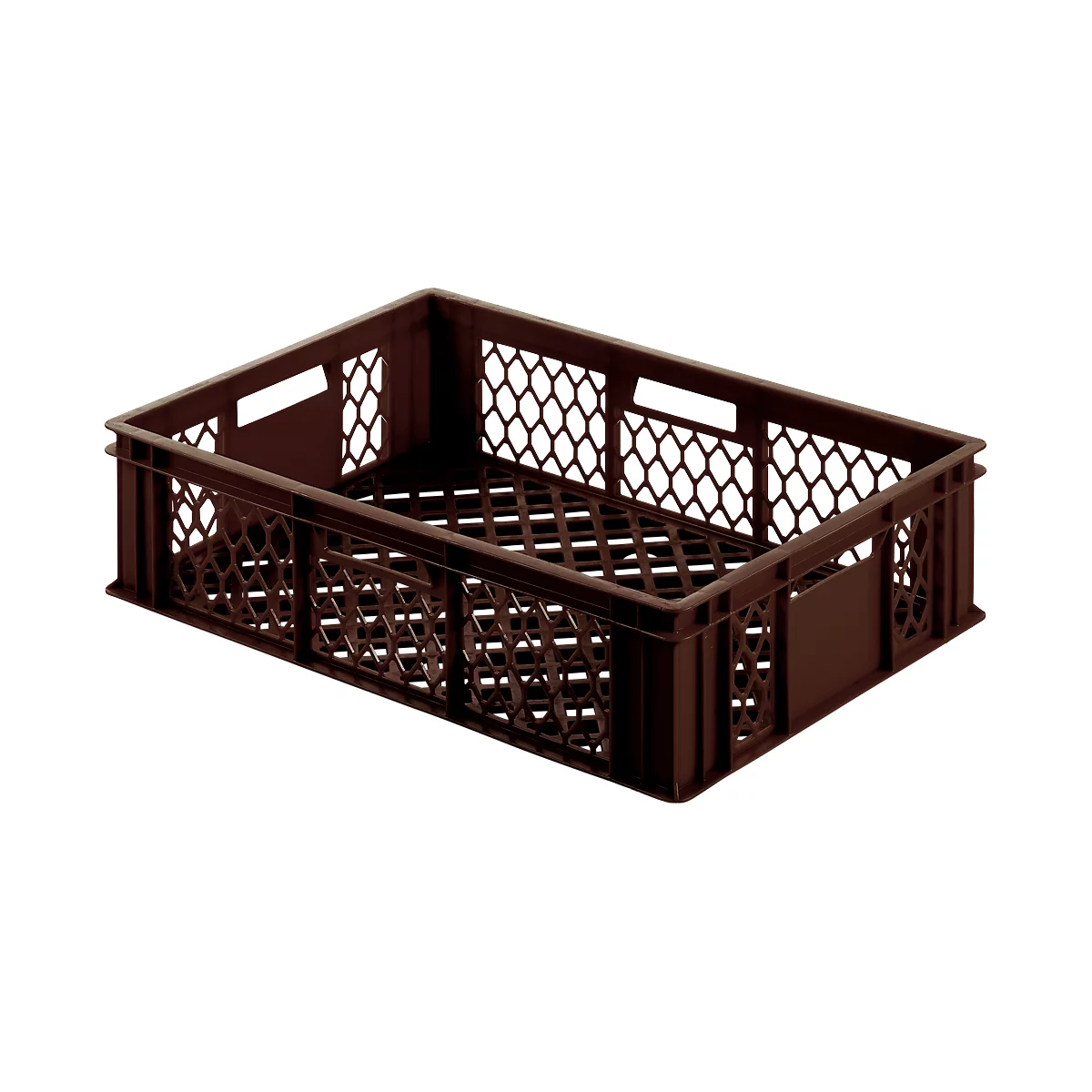 Brown plastic crate with a hexagonal grid pattern.