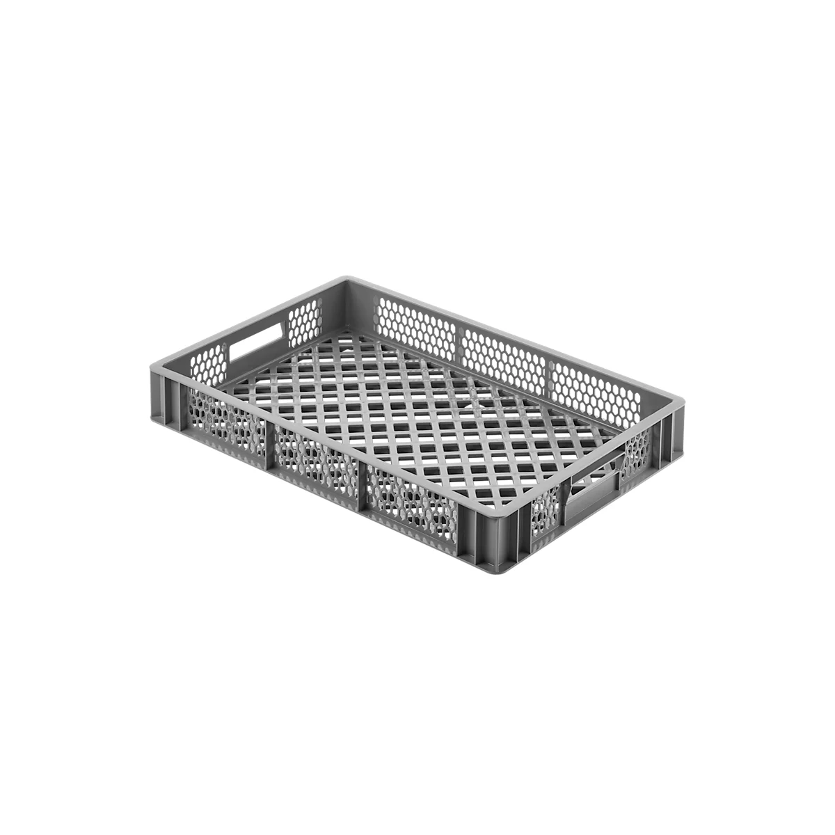Gray, rectangular plastic crate with a perforated pattern for food items.