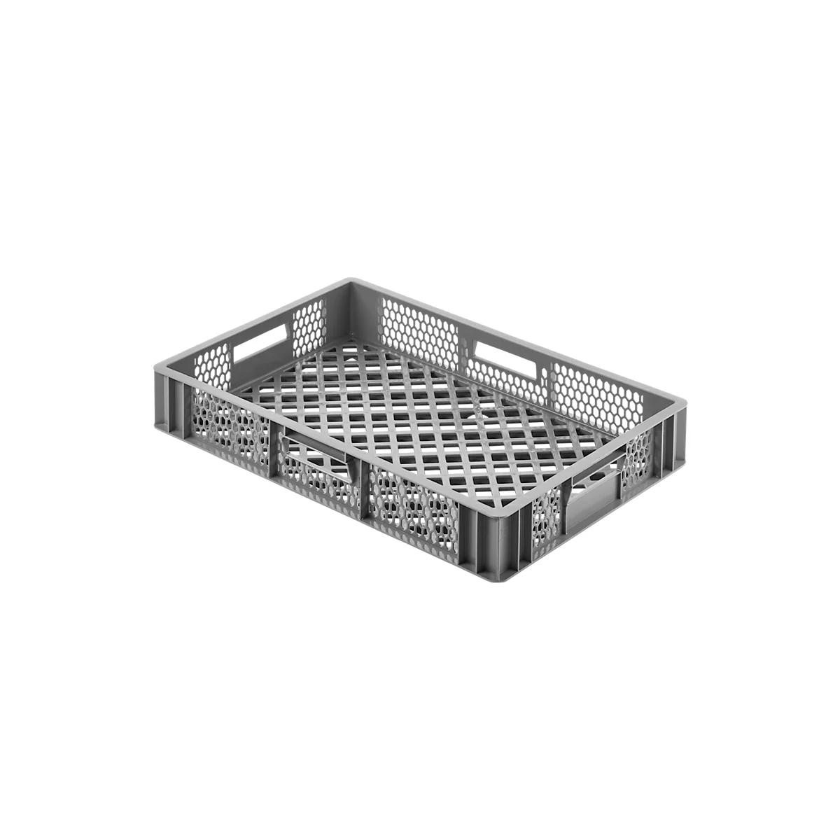 Gray, rectangular plastic transport box. Lattice pattern on the bottom and holes on the sides.