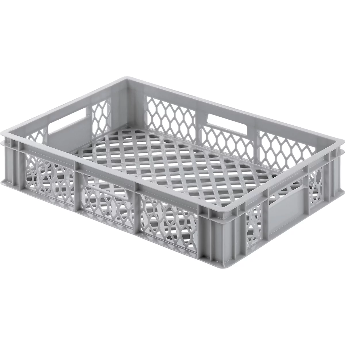 Light grey plastic crate with open, latticed design. Rectangular, with handle openings and a honeycomb pattern in the base.