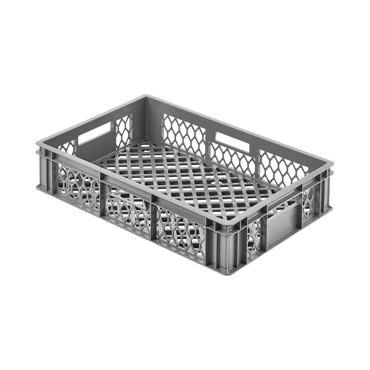 Gray plastic crate with handle openings. The sides are decorated with ornaments. The bottom is perforated.